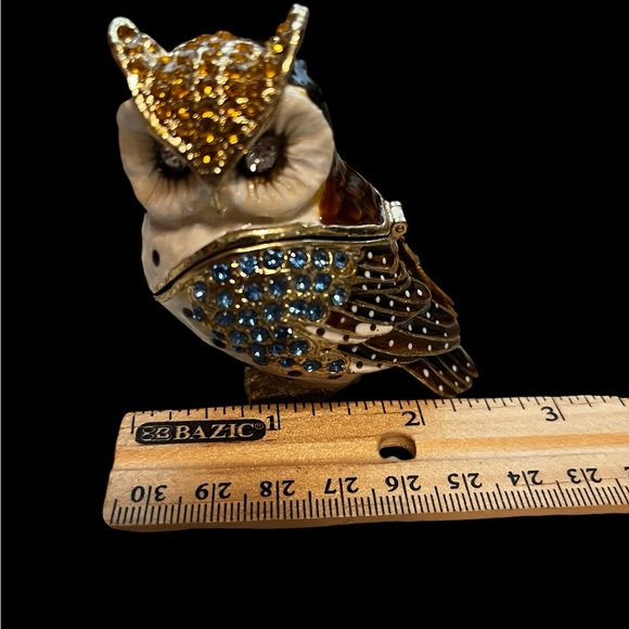 Vintage horned spotted Owl enamel jeweled trinket box - Picture 7 of 9